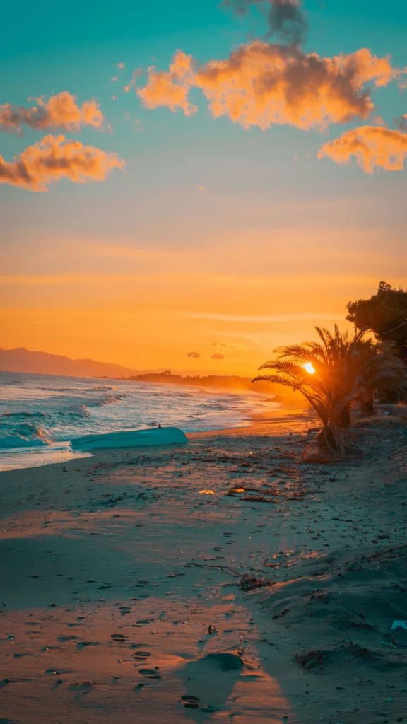Beach at sunset with waves and orange clouds