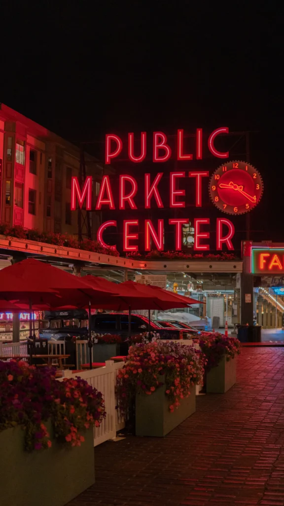 Public Market Center neon sign in Seattle
