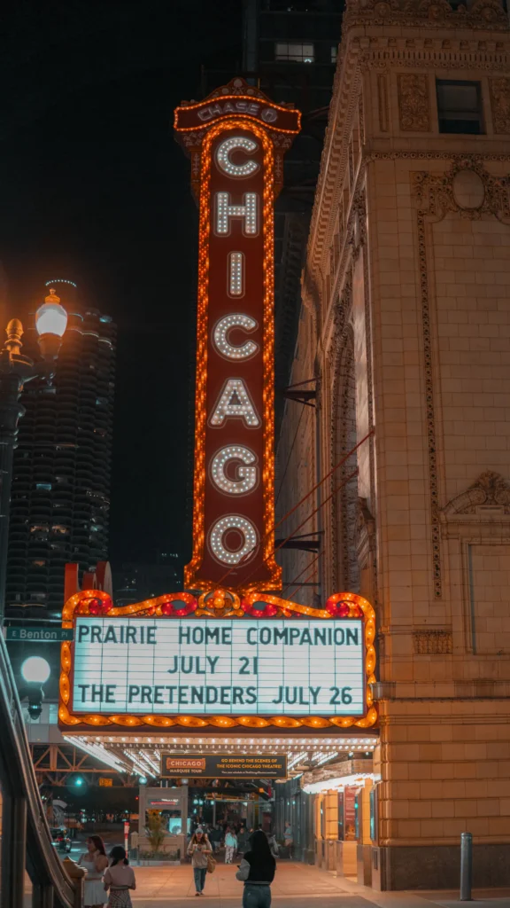 Chicago Theatre marquee lit up at night
